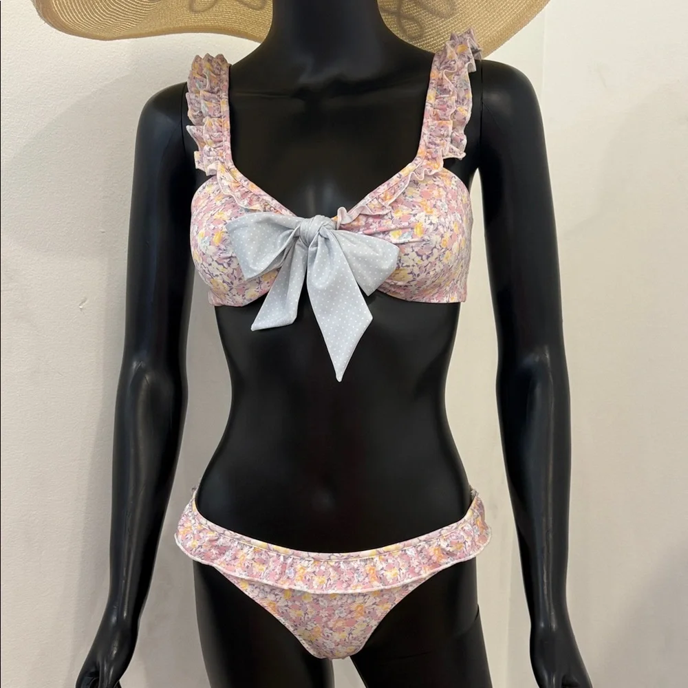 LoveShackFancy Bikini Set Size S Floral Ruffle Bow Top Pastel Print NEW Style